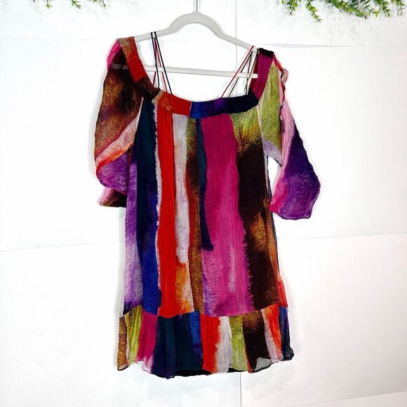 Anthropologie Floreat Dress Large Green Red Blue Watercolor Off Shoulder Flowy - Picture 9 of 16